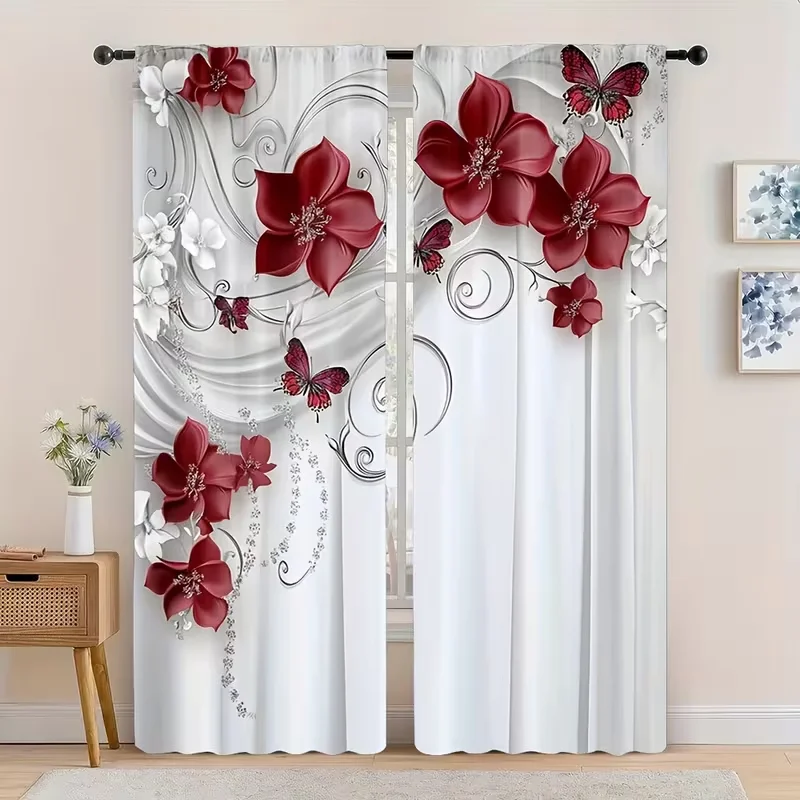 2PC Burgund Blume Schmetterling Vorhänge 3D Druck Licht Filterung Vorhänge Luxus Elegante Wohnkultur für Schlafzimmer Wohnzimmer