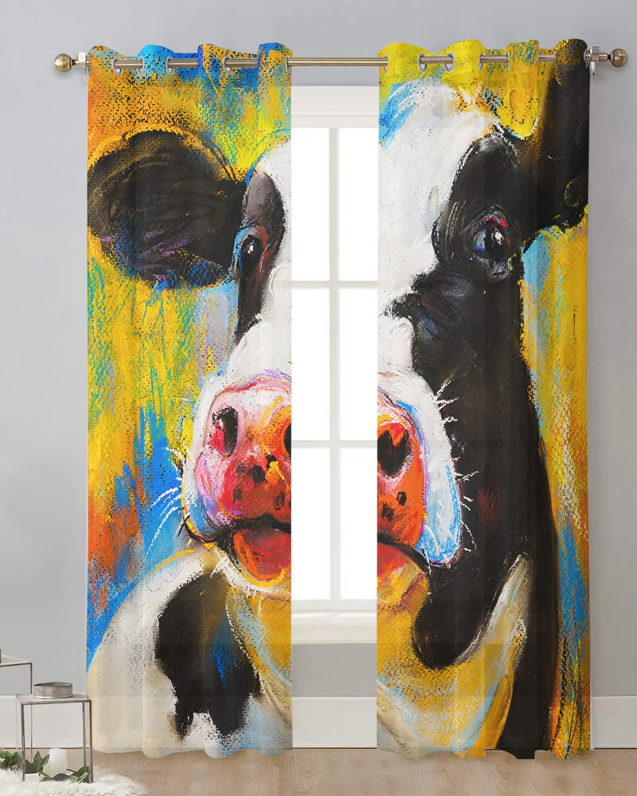 Animal Cow Color Oil Painting Sheer Curtains for Living Room Window Curtains for Kitchen Modern Tulle Voile Curtains