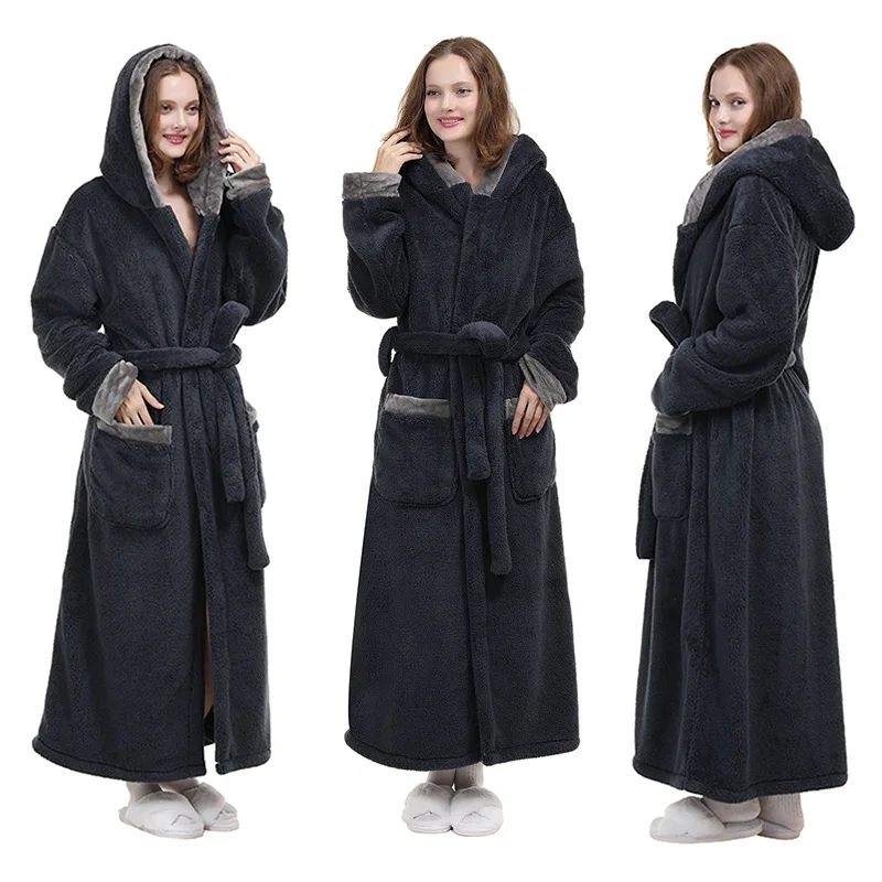 Women Autumn Winter Hooded Long Robe Thicken Warm Bathrobe Homewear Coral Fleece Kimono Comfy Gown Solid Color Newest Nightgown