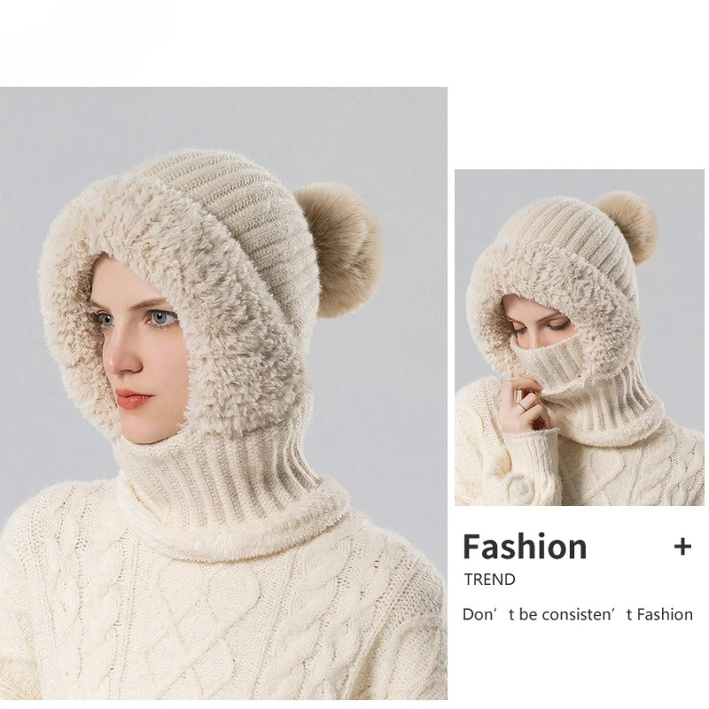 قبعة محبوكة، وشاح، قناع، قبعة من قطعة واحدة، ركوب الدراجات الشتوية للنساء مقاومة للرياح بالإضافة إلى قبعة صوفية دافئة مخملية