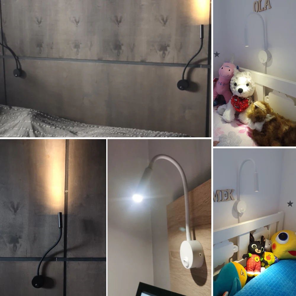 Lámpara de pared de 3W para hogar, Hotel, Loft, mesita de noche, libro de lectura, luz negra y plateada, interruptor de encendido/apagado flexible,