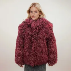 Winter Lady Luxury Real Mongolian Fur Coats Thick Warm Jacket Flurry Female Outerwear with Collar Women S6453