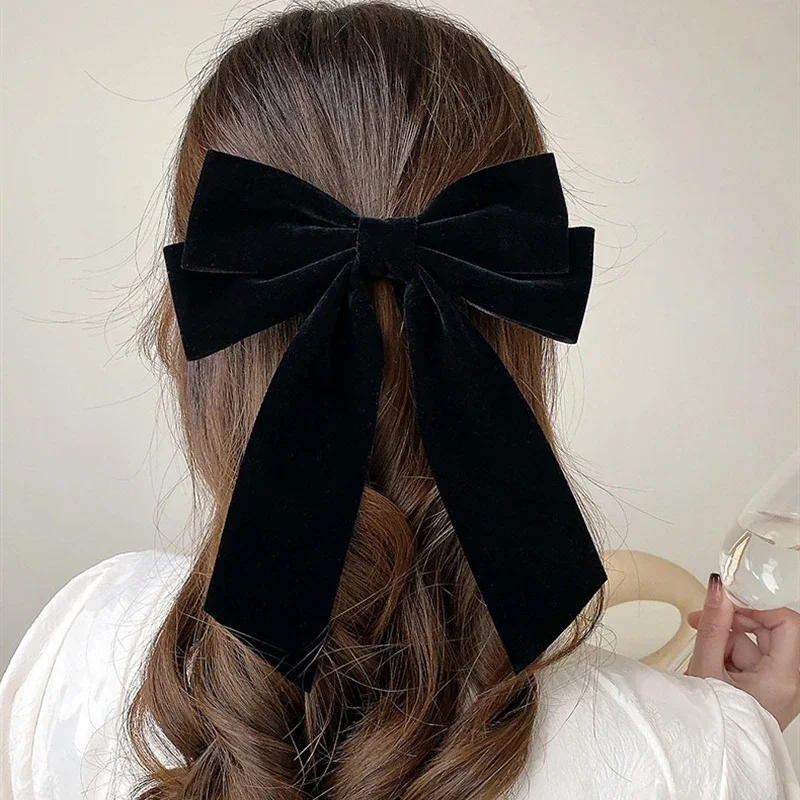 Duża kokardka do włosów Kobiety Aksamitne Czarne Czerwone Vintage Spinki do włosów Ślubna długa wstążka Koreańska spinka do włosów Moda Dziewczęce nakrycia głowy — zdjęcie 3