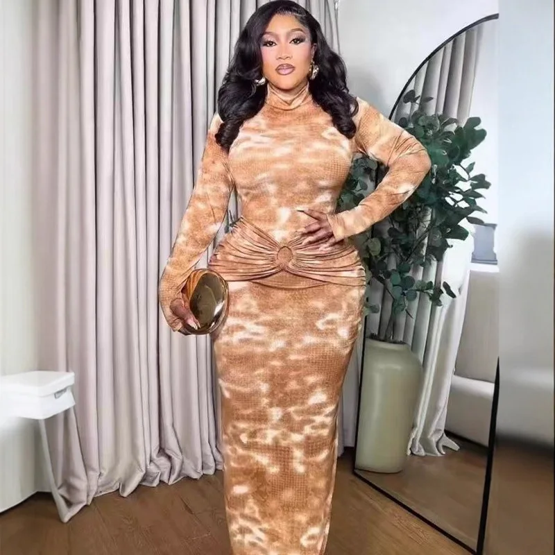 

Tie Dye Print Dress Women's Slim Fit Bodycon Midi Vestidos High Neck Long Sleeve Ruched Waist Sexy Club Party Dress Outfits