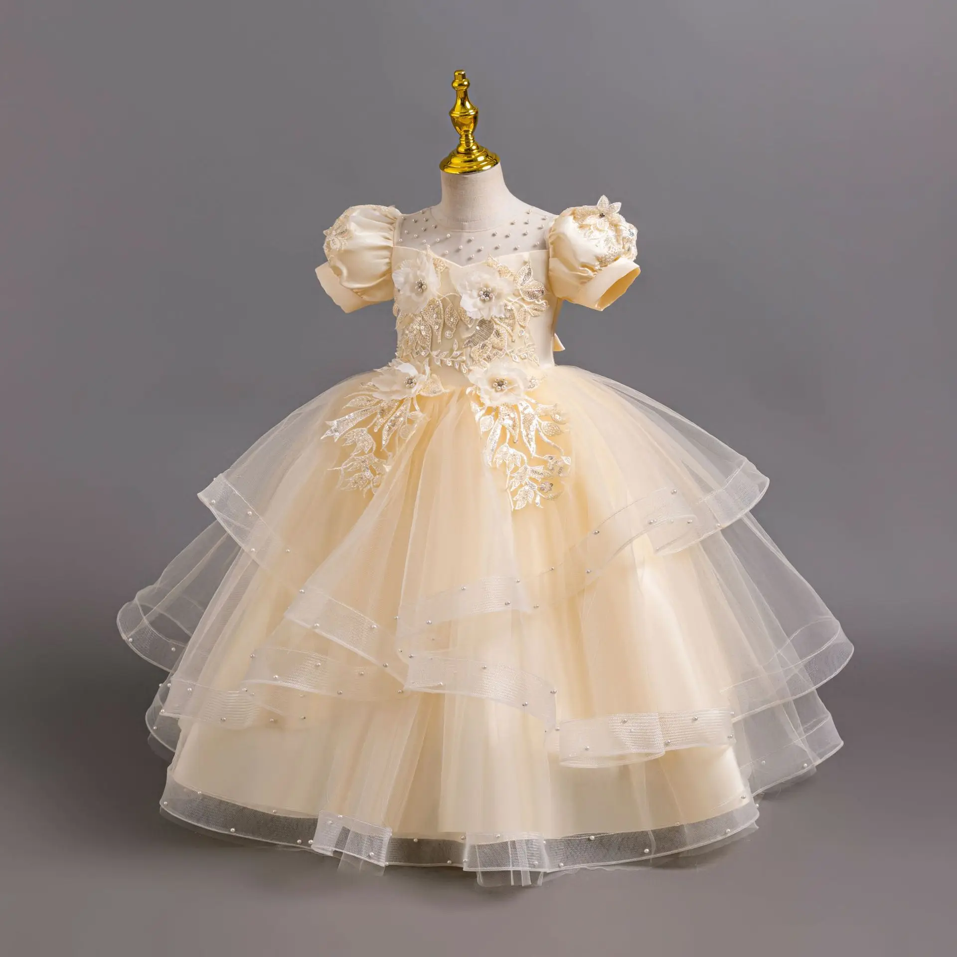 New Girl Kids Stereo floral tulle Lace Birthday Party Dinner Dress Girl puffy Sleeve New Christmas Party Princess dress image 6