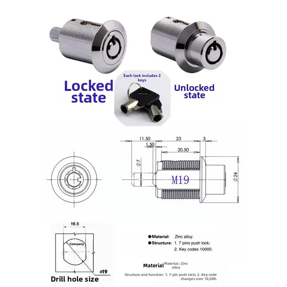 Zinc Alloy Tubular Push Lock Key 19mm Cabinet Locks 7 Pin Tubular Push Lock For Game Console Locks Advertising Light Box