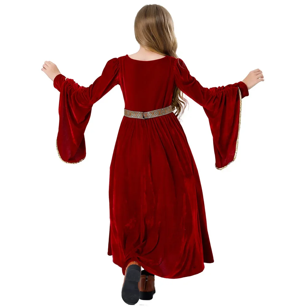 Kids Girls Long Sleeve Medieval Costume Velvet Flare Sleeve Long Dress Party Dress Up Clothes