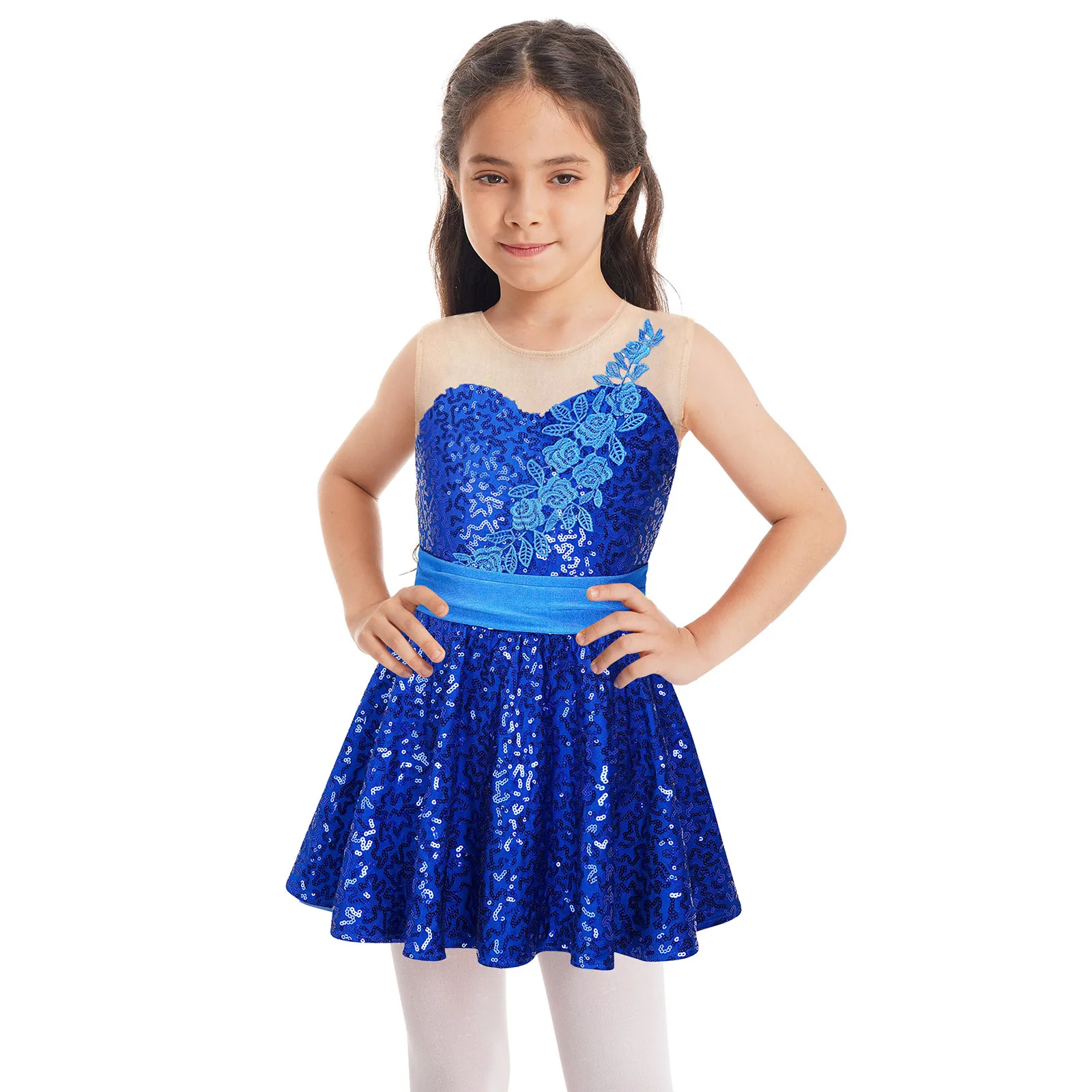 

Kids Girls Shiny Sequin Floral Ballet Dance Tutu Dress Sleeveless Hollow Back Latin Jazz Ballerina Christmas Performance Costume