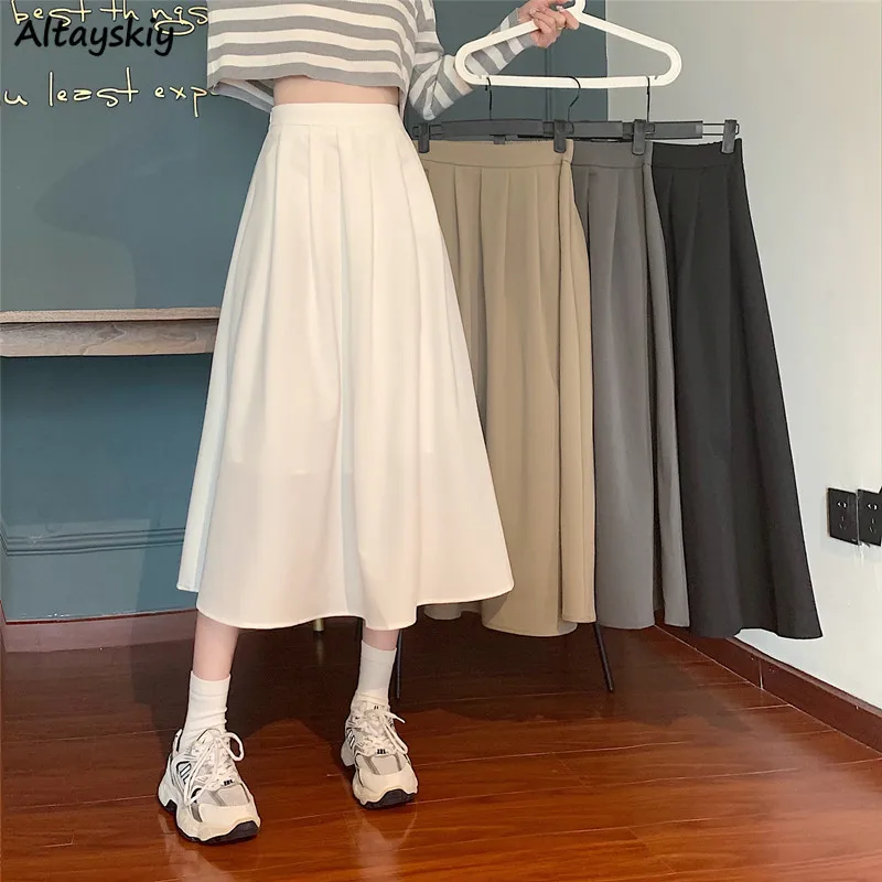 

Skirts Women Folds Design Solid A-line Mujer Faldas Elegant Basic All-match Retro Spring New Hot Sale Casual Cozy Ulzzang Chic