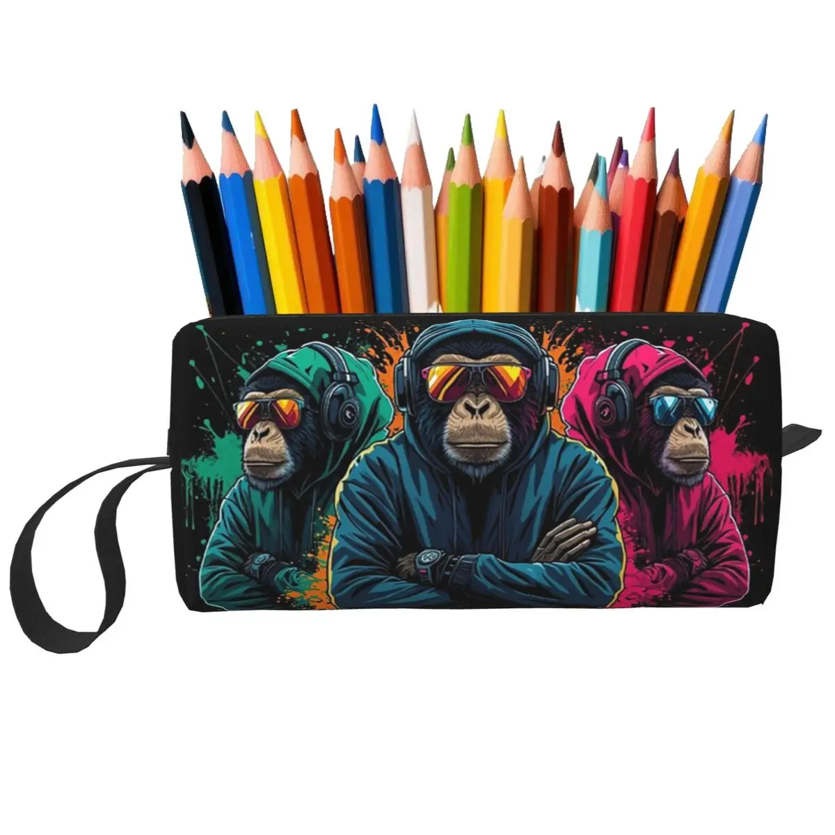 Three Monkeys With Vibrant Paint Splashes Pencil Case for Gifts Pen Box Pencil Bag Stationery Supplies Travel Women Cosmetic Bag