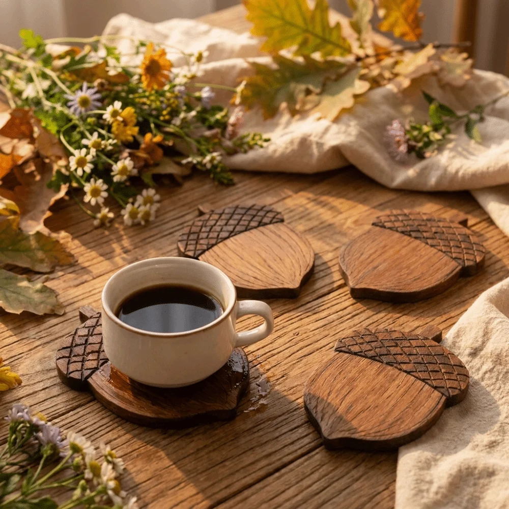 5PCS 2D Flat Acorn-Shaped Coasters Anti Scald Non-Slip Coffee Coasters Natural Heat-Resistant Tea Coasters
