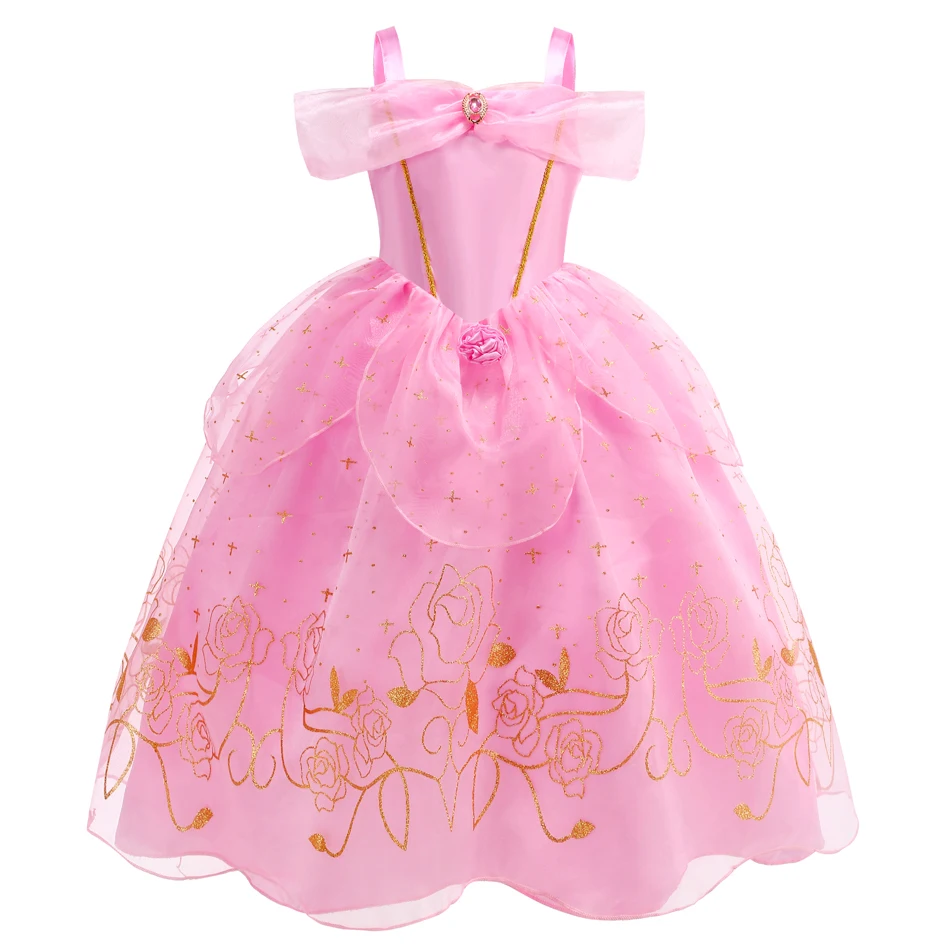 Halloween Sleeping Beauty Pink Princess Aurora Dress Girls 2-10 Yrs Gold Stamping Rose Printing Party Costume Kids Elegant Gown