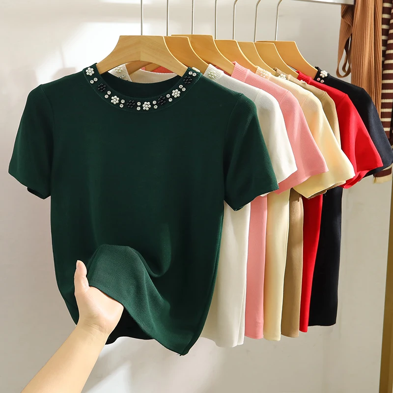 Summer Fashion Casual O-neck Short Sleeve T-shirts Women Solid Embroidered Flares Elasticity Thin Top Tee Office Lady Pullover