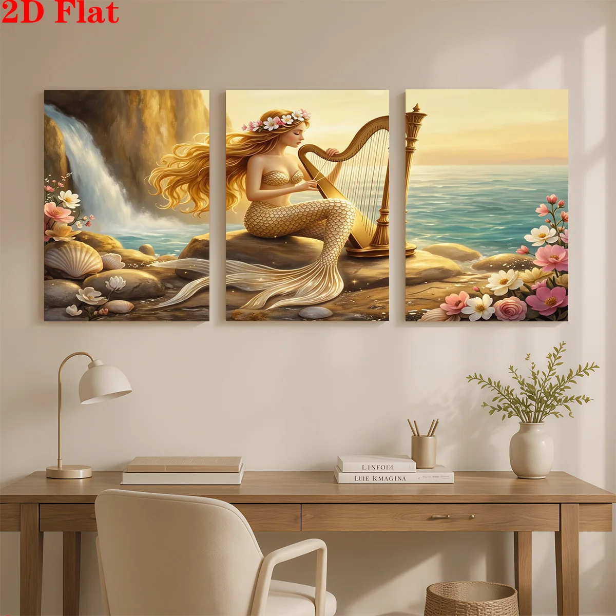 Frameless Canvas 2D 3pcs Canvas Art Wall Hanging- A Mermaid Plays Harp By Waterfall. Suitable For Decorating Offices, Dining