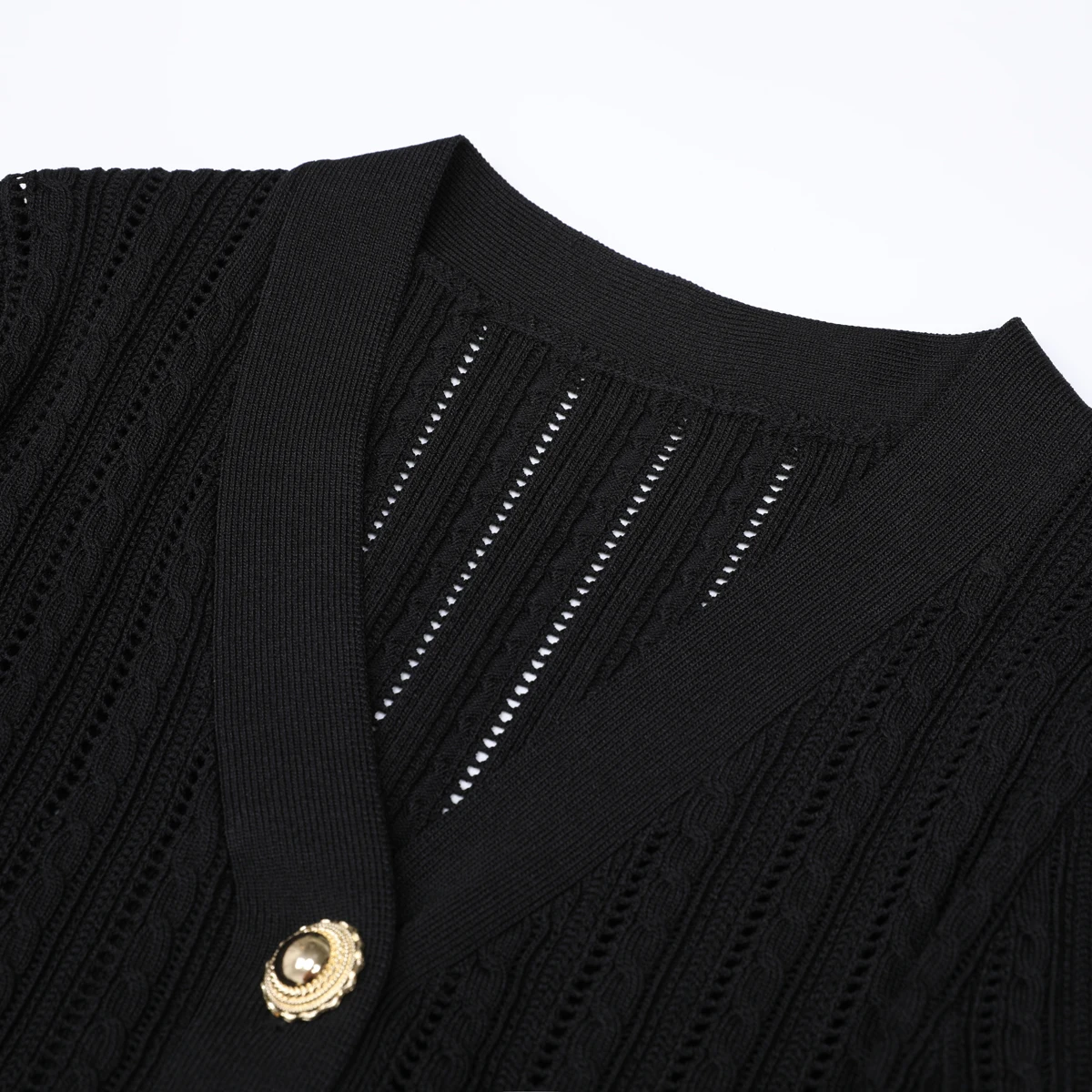 High Quality Autumn New Heavy Industry Long Sleeved Elastic Knitted Versatile Hollow Lotus Leaf Side Length Women's Dress