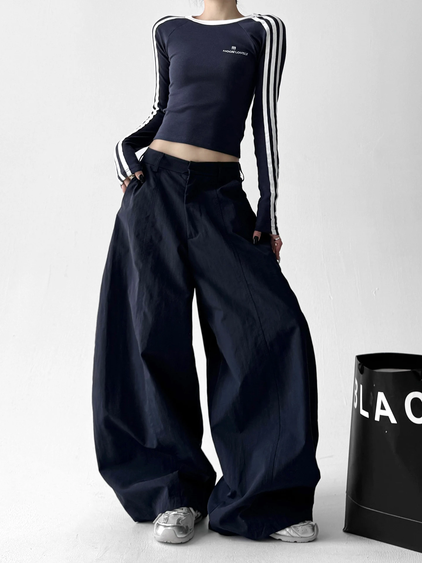 Pantaloni da lavoro casual larghi Pantaloni sportivi casual da ballo a vita alta da donna a gamba dritta larghi in blu royal per l'autunno