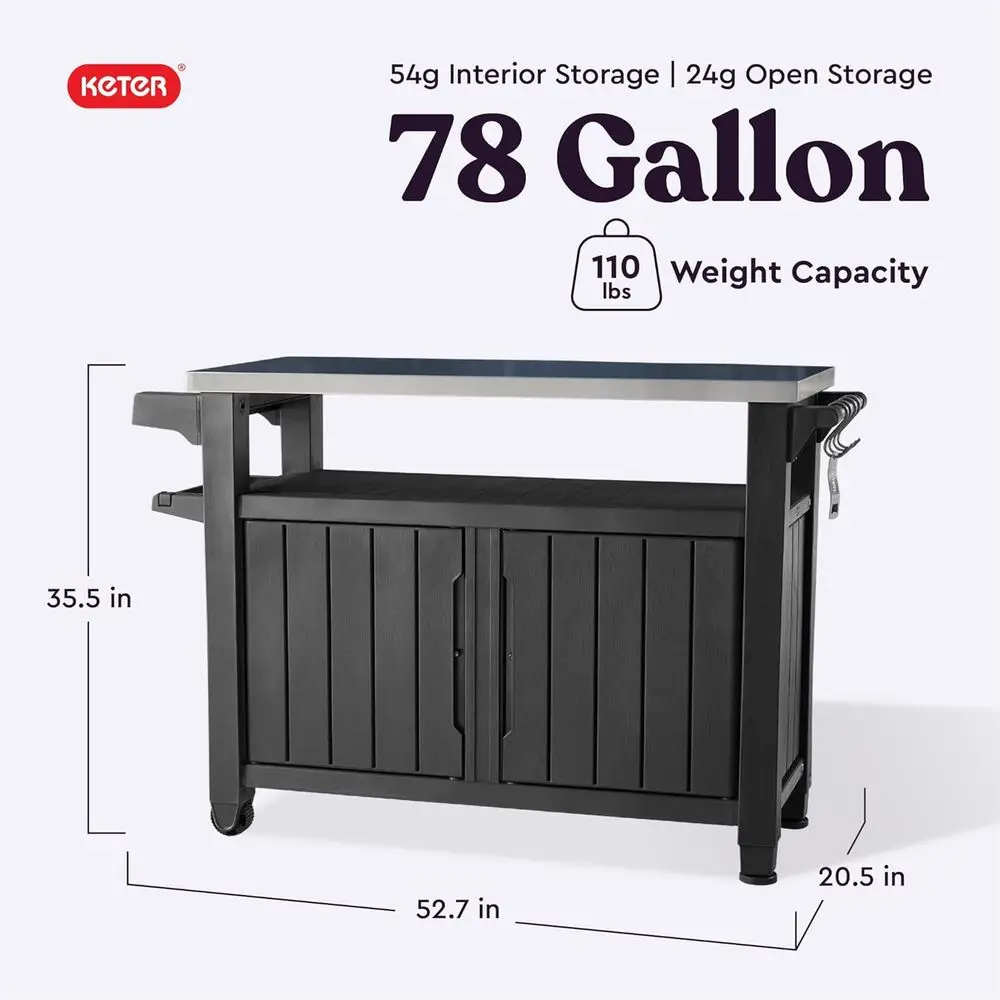 Portable Outdoor Kitchen Prep Table with Stainless Steel Top and Storage Cabinet for Grilling, Dark Grey