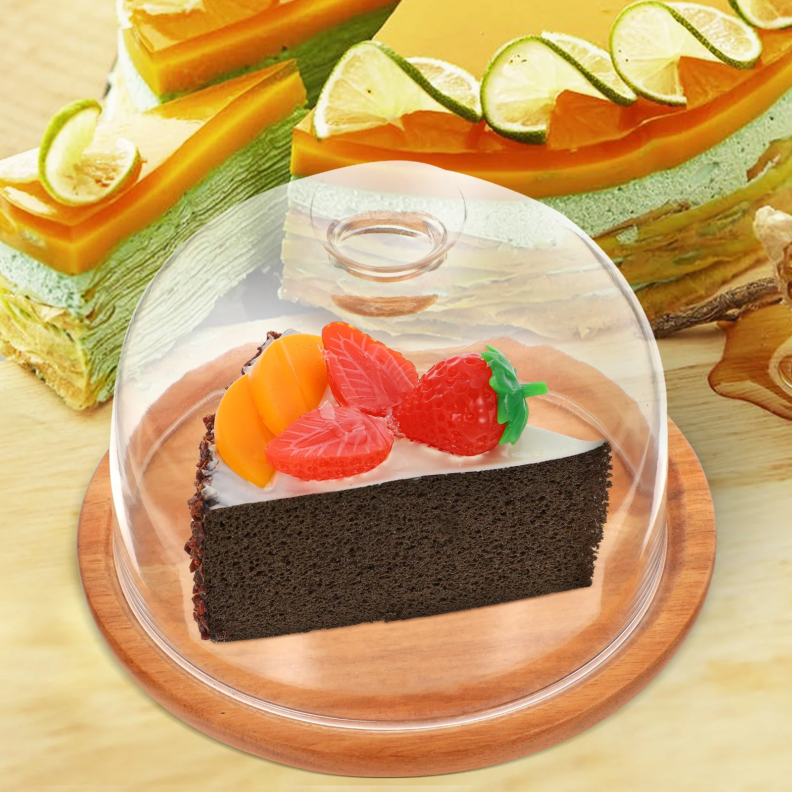 

Glass Cake Stand with Lid Premium Wood Material Safe Reusable Easy Clean Stylish Kitchen Party Fruit Plate Dessert Display