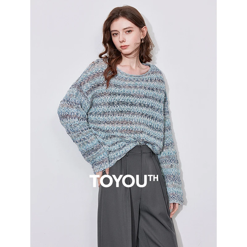 

TOYOUTH Women Knitted Sweater 2025 Spring New Hollow Out Stripe Round Neck Lazy Style Pullover Tops Blue