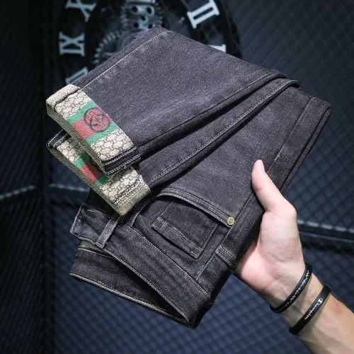 Imagen 2 del producto Pantalones vaqueros informales de moda bordados para hombre Otoño Invierno nueva llegada pantalones ajustados color gris carbón al por mayor para amantes de la moda