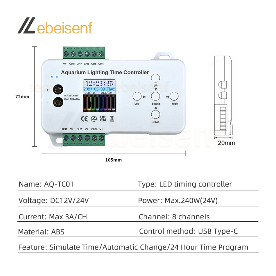 Aquarium Lighting Time Controller DC 12V 24V 10A 8-Channel Multifunctional 24-Hour Cyclic Dimming for LED Fish Tank Light Strip