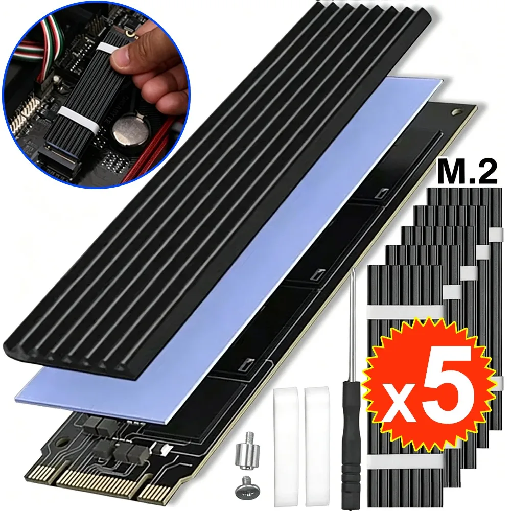 5-1Sets M.2 2280 SSD Heatsink Kit Solid State Hard Drive Aluminum Radiator with Thermal Pad for PC Computer SSD Radiator Cooler