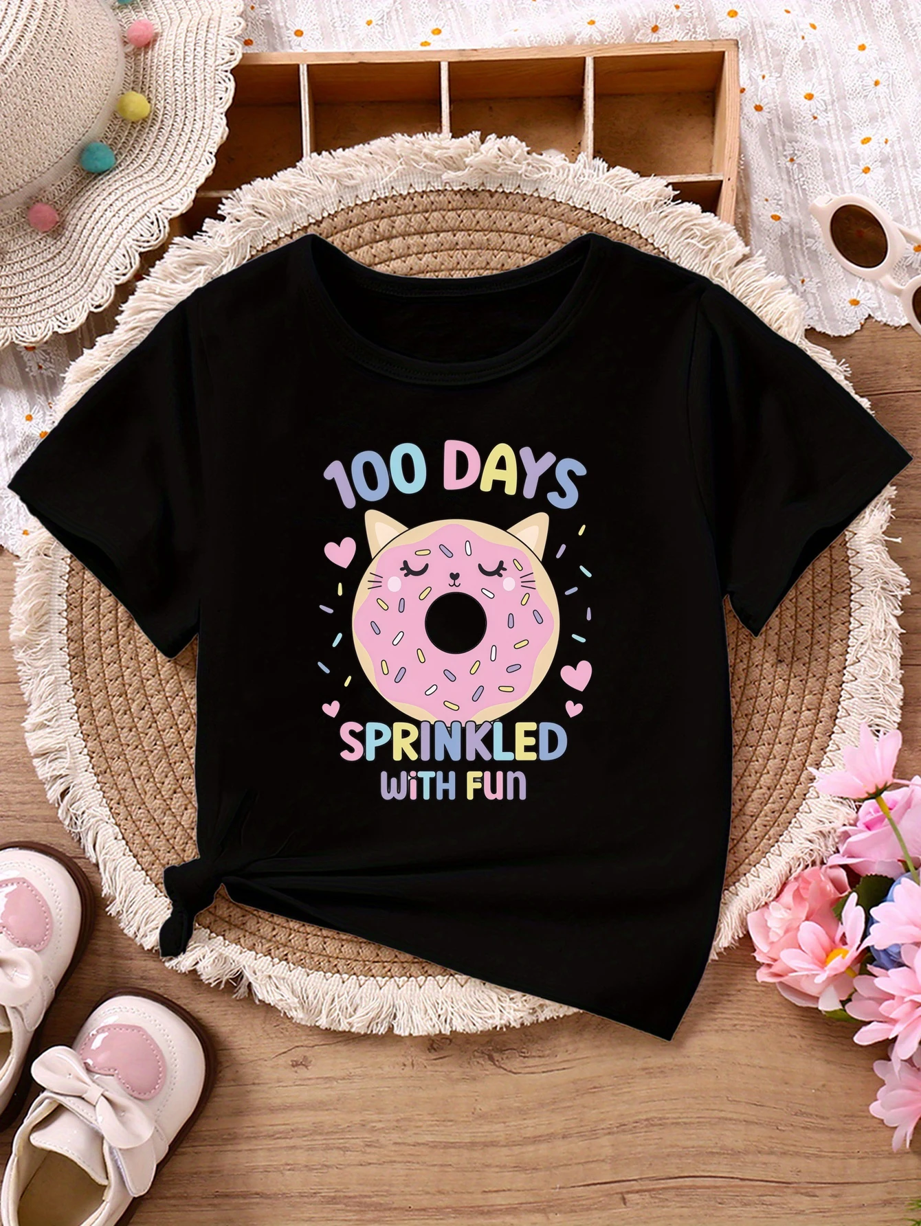Funny 100 Days Sprinkled With Fun Donut Printed T Shirt Girls Back-To-School Season T-Shirt Kawaii Kids Clothes