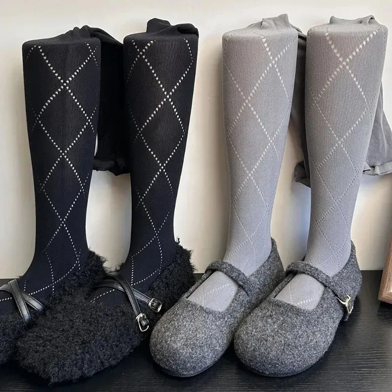 New Korean Retro Jacquard Knitted Rhombus Hollow Pantyhose Warm Base Grid Leggings Autumn Elastic Slim Stockings for Women Grils