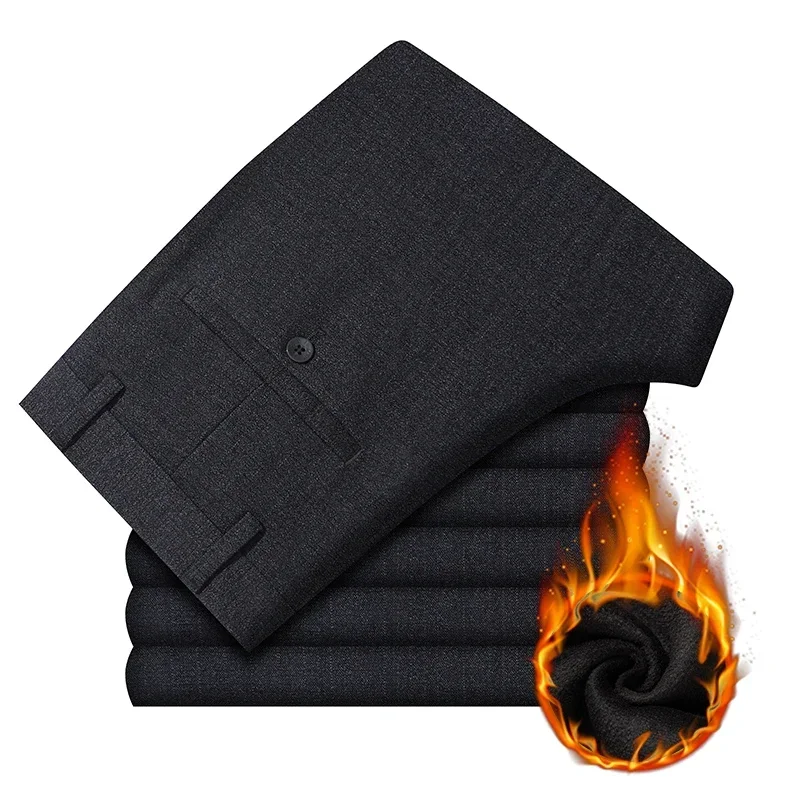 Winter Warm and Thickened Men\'s Business Casual Pants Classic Style Loose Straight Black Fleece Trousers Male Brand