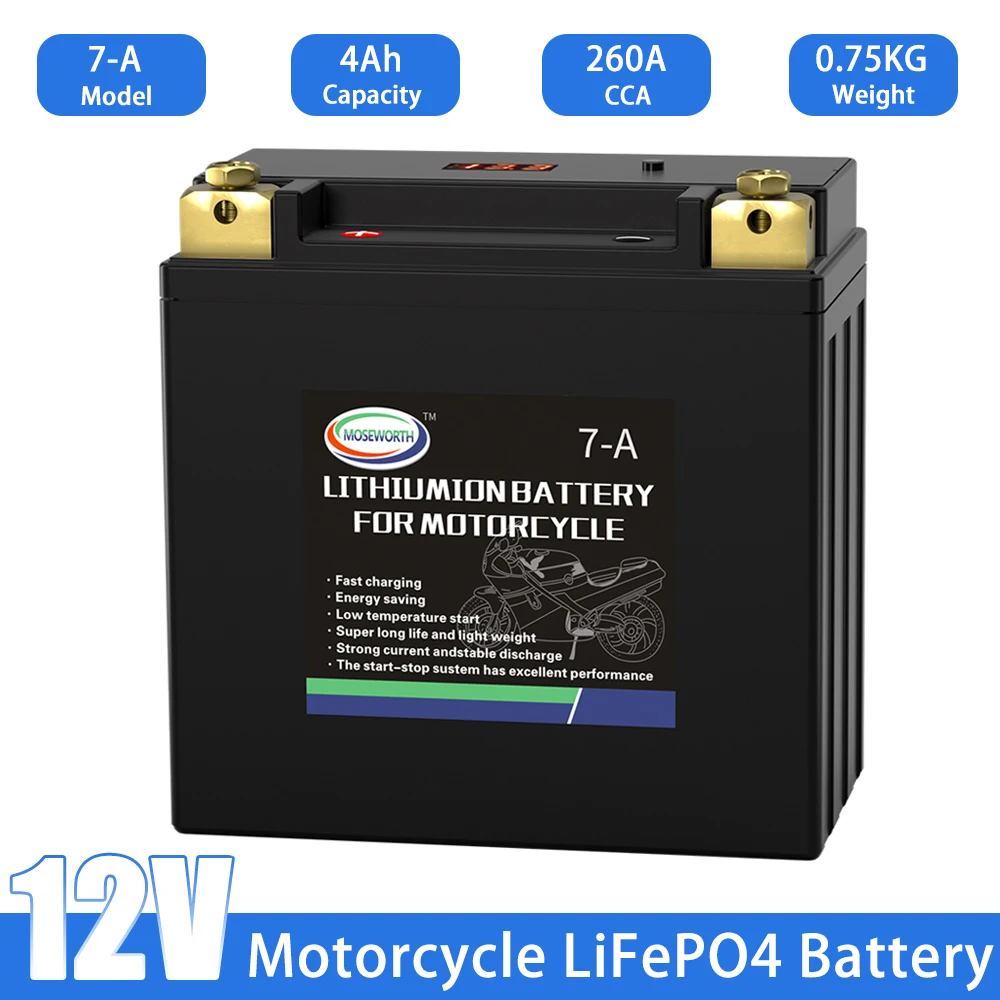 7-A Motorcycle Starter Battery 4Ah CCA 260A 12V LiFePO4 Lithium Iron Phosphate Battery Deep Cycle for Jet Ski Snowmobile UTV ATV