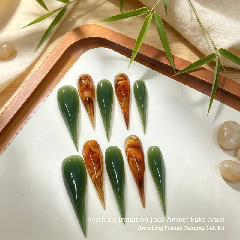 New 10PCS Natural stone-pattern semi-transparent emerald fake nails, polished surface amber-colored vortex gradient nail art set