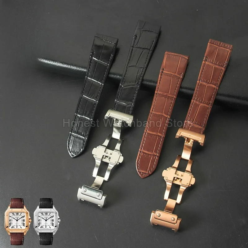 Genuine Cowhide Watch Bracelet for Cartier Santos with Secure Fold Over Clasp 21mm Breathable Design Watchstrap Black Brown Blue