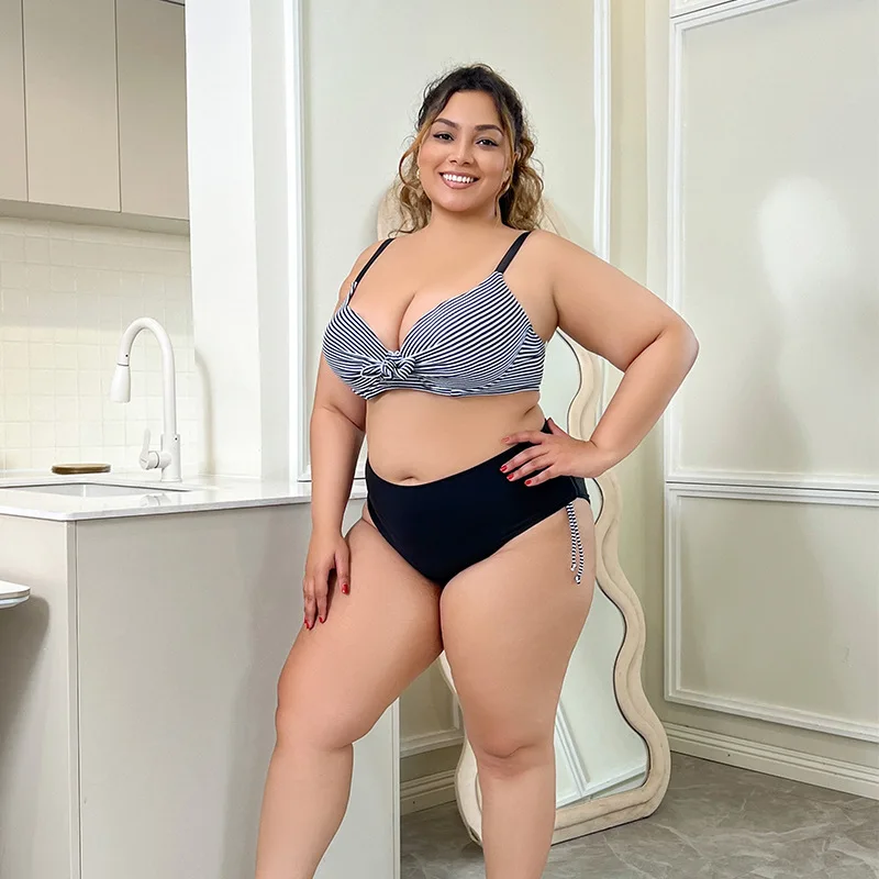 Plus Size Bikini Set Striped Swimsuit Women Brazilian Swimsuit Biquini Split Swimsuit Bathing Suit Women High Waisted Swim Trunk