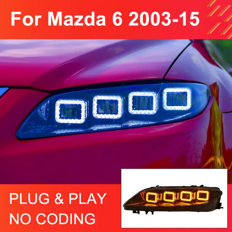 1 par de conjunto de farol led para mazda 6 2003-2015 atualização farol plug and play com lâmpadas de cabeça dianteiras de giro dinâmico drl
