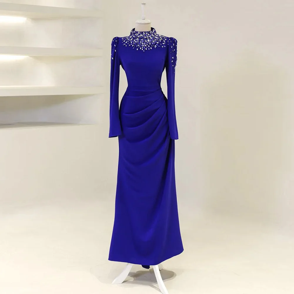 

High Neck Mermaid Evening Dress Customized Long Sleeves Crystal Rhinestone Pleat Dancing Party Gown Formal Prom Dresses