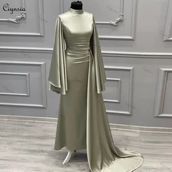 Ciynsia Elegant High Neck Long Sleeve Evening Gowns For Women Satin Pleated Formal Dress Mermaid Wedding Prom Party Dresses New