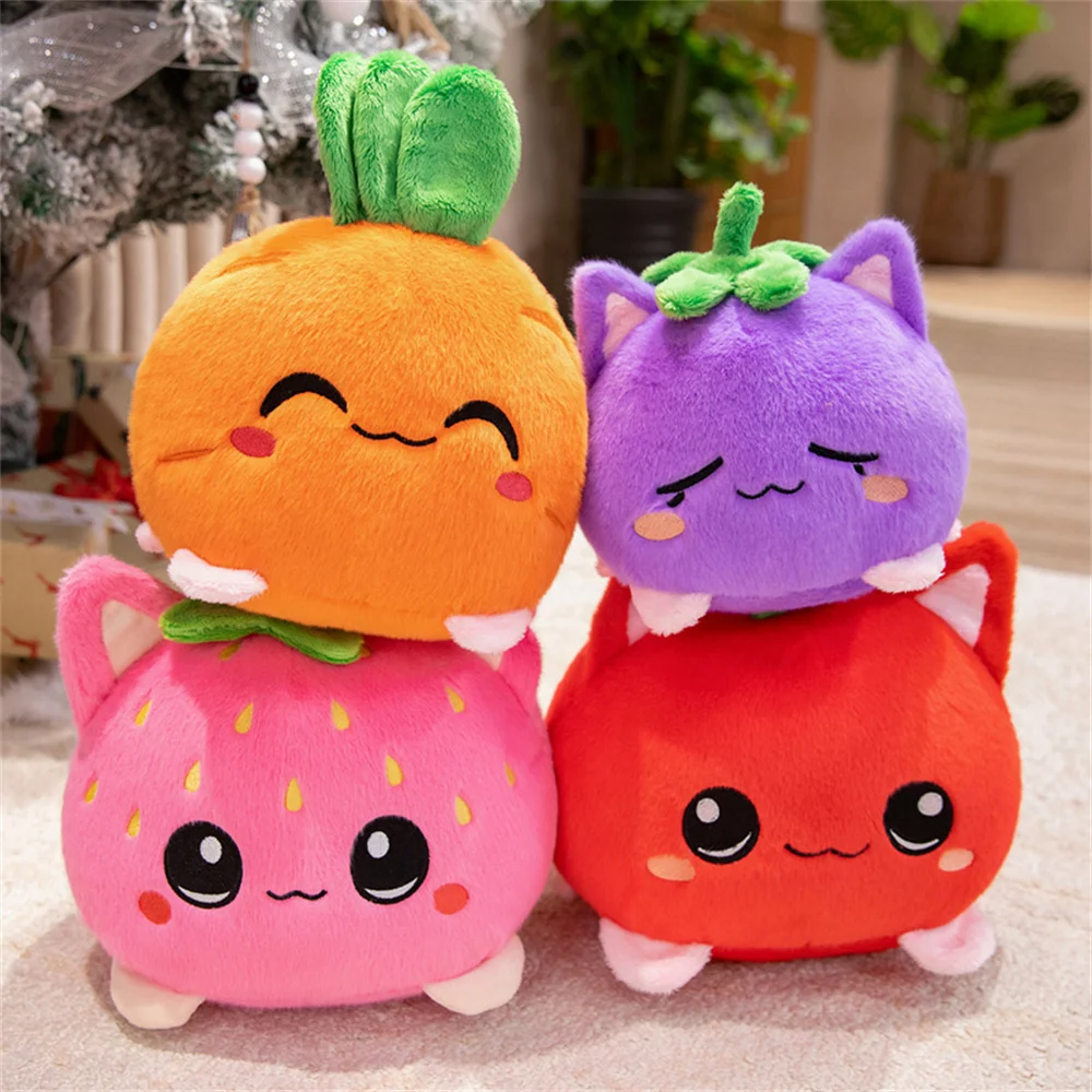 Kawaii Fruit Cat Plush Keychain Cute Carrot Eggplant Strawberry Kitten Doll Bag Pendant Soft Stuffed Animal Key Ring Kid Gift