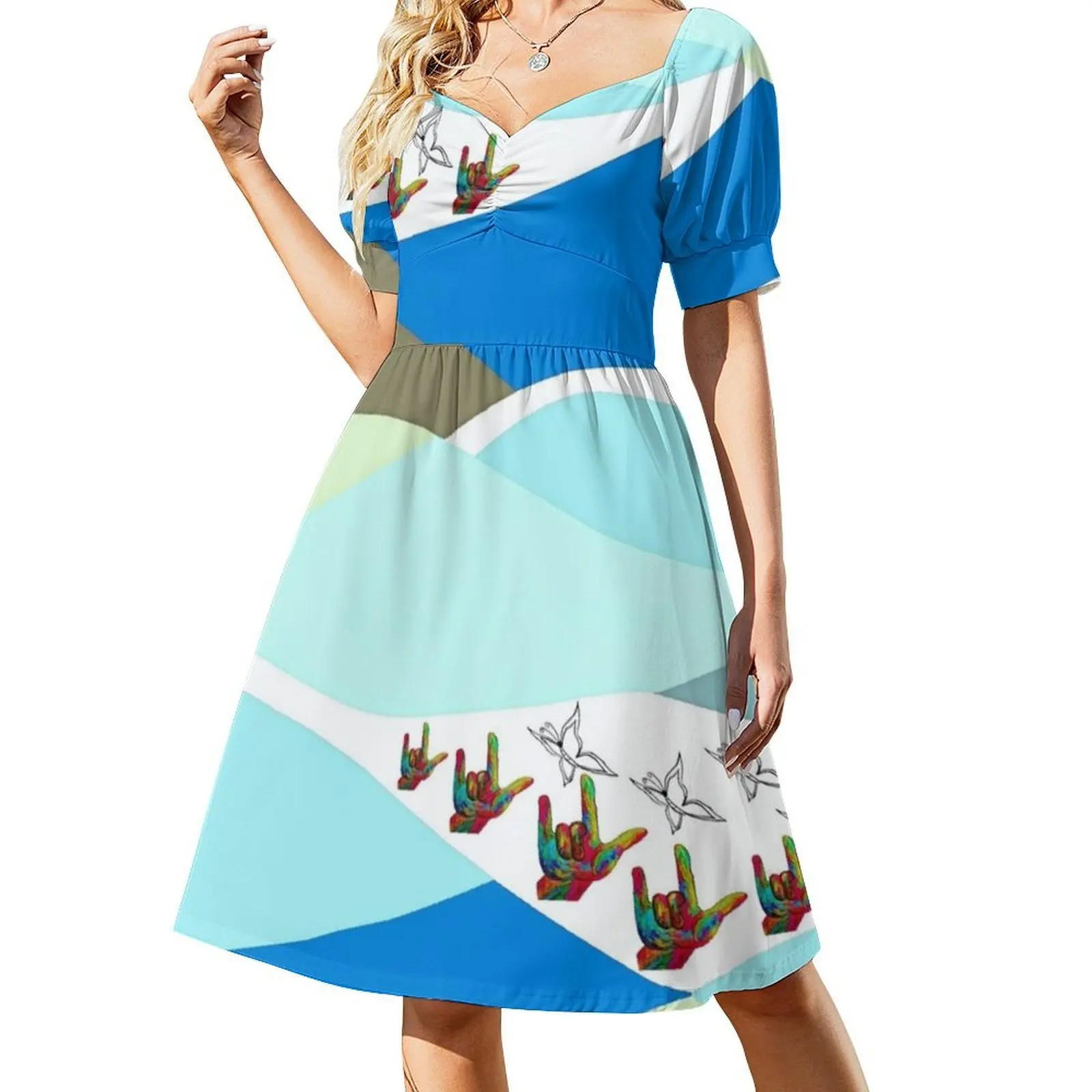 Asl I Love You With Butterflies فستان كاجوال على الطراز الكوري للنساء فساتين مكتب يومية بسيطة للسيدات Asl لغة الإشارة الأمريكية