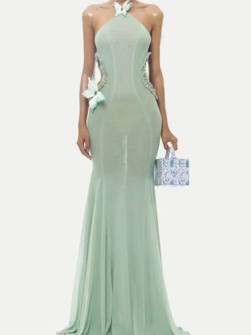 Sexy Fischschwanzkleid, langes Kleid mit Ausschnitt und Schleife, Kleid mit Ausschnitt und rückenfreiem Datum, Urlaubskleid