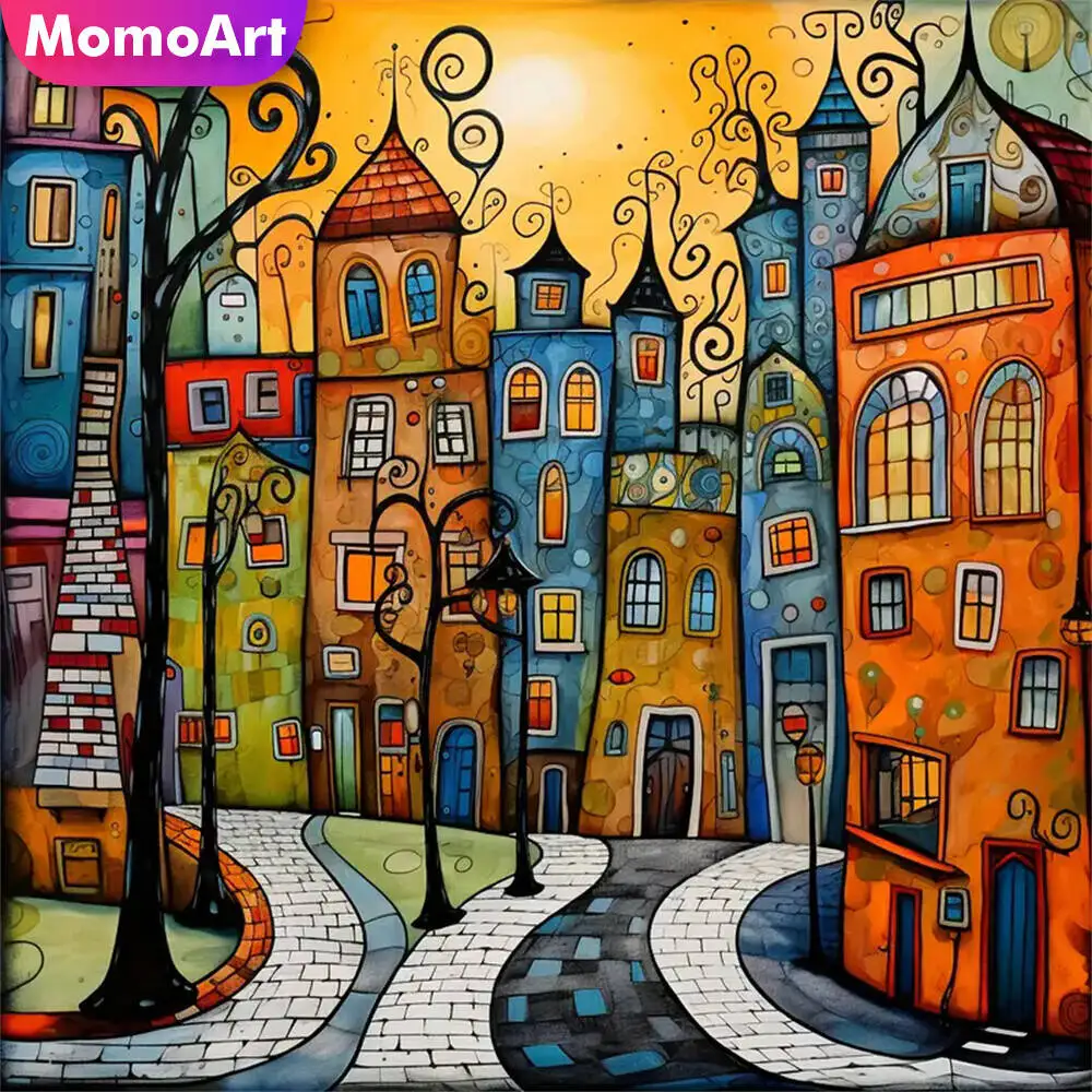 Momoart Full Square Round Diamond Painting House Landscape DIY Diamond Embroidery Abstract Street Mosaic Child Gift