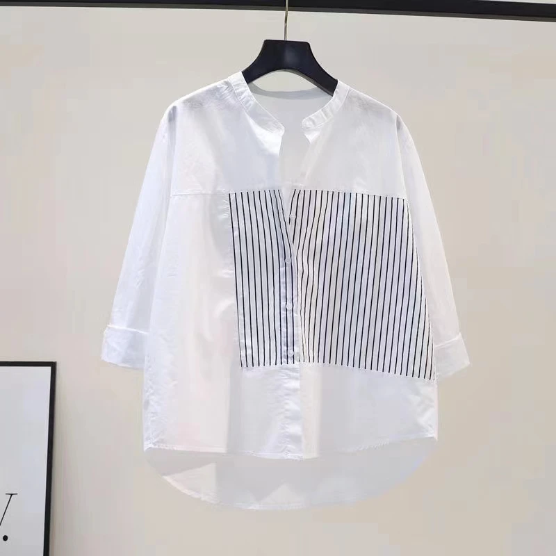 

Стильная лоскутная полосатая белая блузка женская весна-лето элегантные топы с длинными рукавами рубашки Blusas Mujer