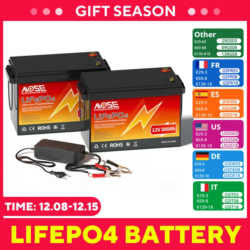 12V 300Ah LiFePO4 Lithium Battery 100Ah 200Ah Built in BMS Iron Phosphate 6000+ Cycles for Camping Home Battery аккумулятор