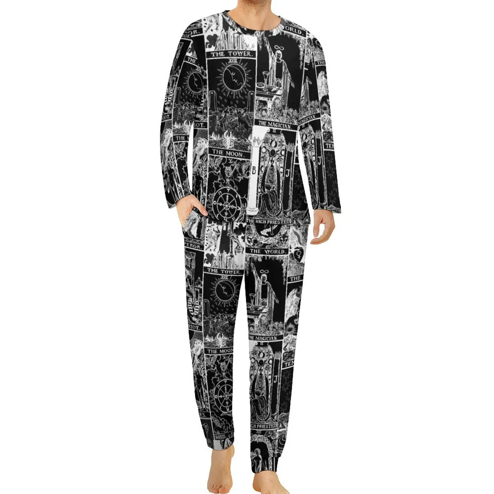 Tarot Patchwork Pajamas Black And White Print Man Long Sleeves Cute Pajama Sets 2 Pieces Casual Spring Graphic Sleepwear Gift