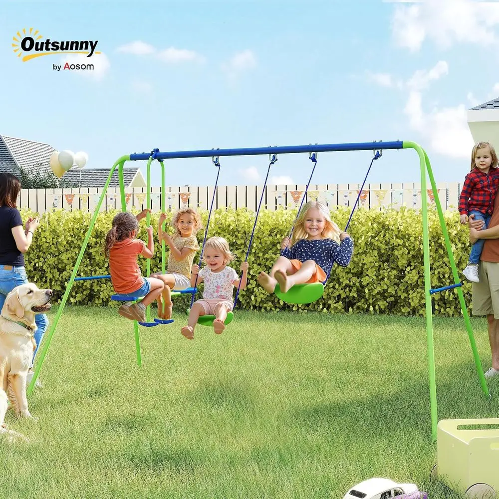 Metal Swing Set with Glider, Two S Seats and Adjustable Height, Outdoor Heavy Duty A-e Kids Playset Suitable or Playground, Back