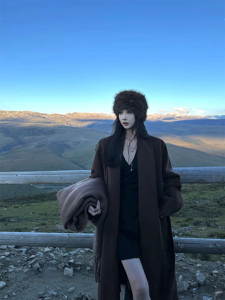 

Double-Sided Woolen Coat Women's Autumn Winter Medium-Length Loose Lapel Woolen Jaet Korean Sle Long Sve Pure Color