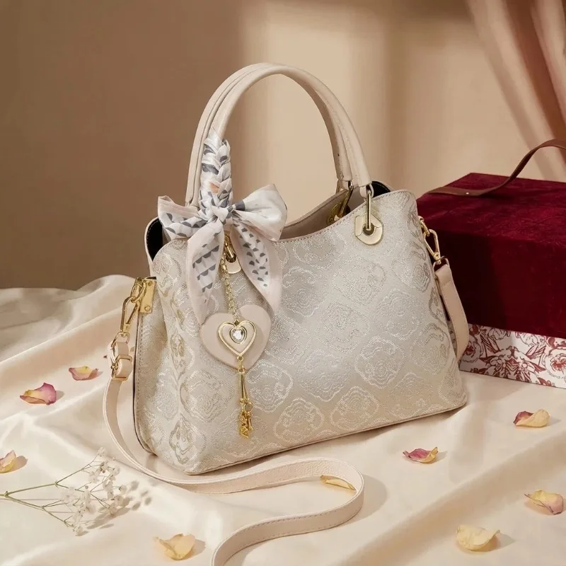 Large Capacity Female Tote Sac Embroidered Bright High-quality Exquisite Scarf Decoration Crossbody Shoulder Bag Bolso De Mujer