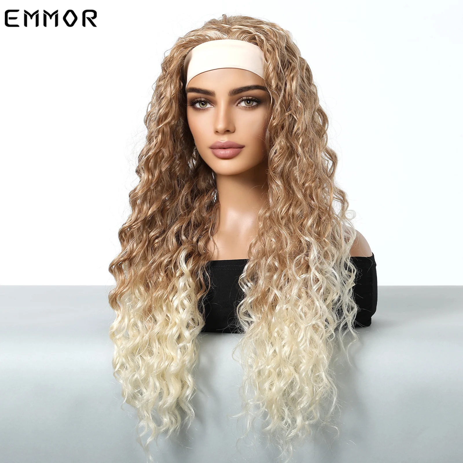 Synthetic Emmor Blonde Headband Wig Medium Long Curly Black Red Hair Wigs for Women Heat Resistant Daliy Party Use