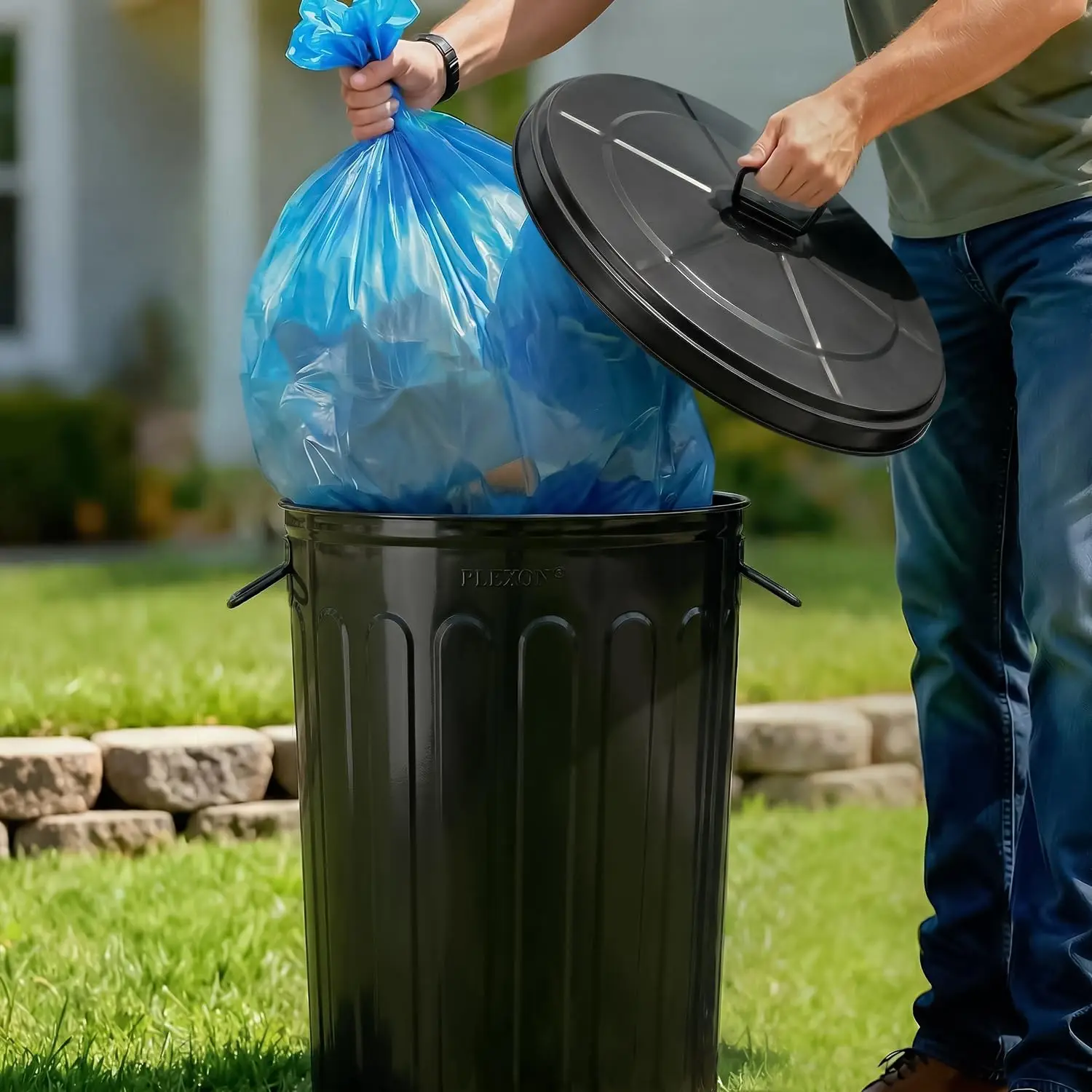 20 Gallon Metal Trash Can With Lid Outdoor Large Trash Bin Steel Garbage Can Heavy Duty Round Storage Container Bucket For Garage Patio Farmhouse Bird Seed, Black 3 Pack view 4