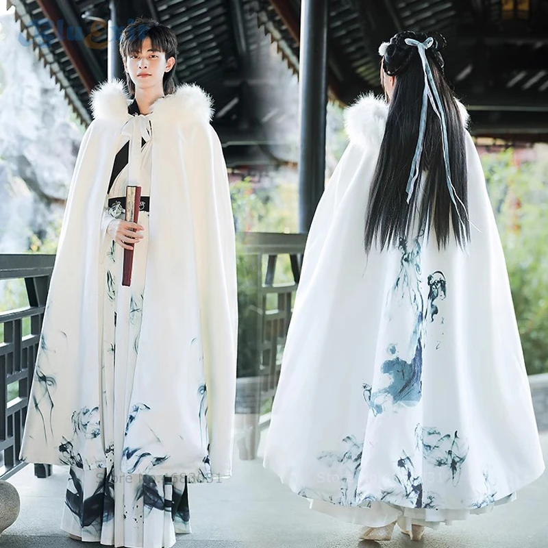 

Winter Long Hooded Cape Warm Hanfu Cloak Ethnic Traditional Chinese Ink-painting Style Tang Song Dynasty Ancient Women Costume