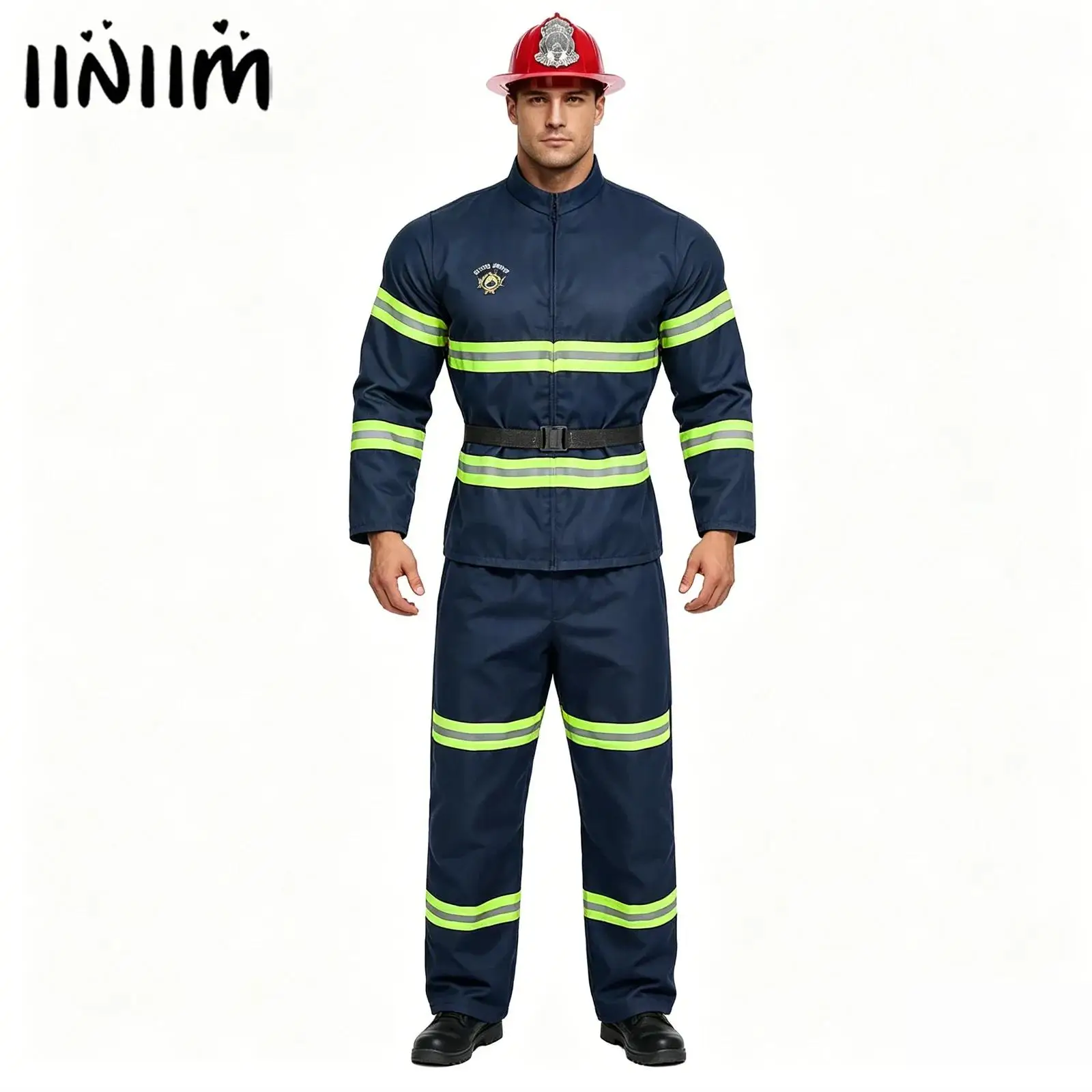 Herren-Feuerwehrmann-Kostüm für Halloween, Feuerwehrhelden-Cosplay, Plastikhelm, Langarm-Feuerwehrjacke, Mantel, Hose und Gürtel